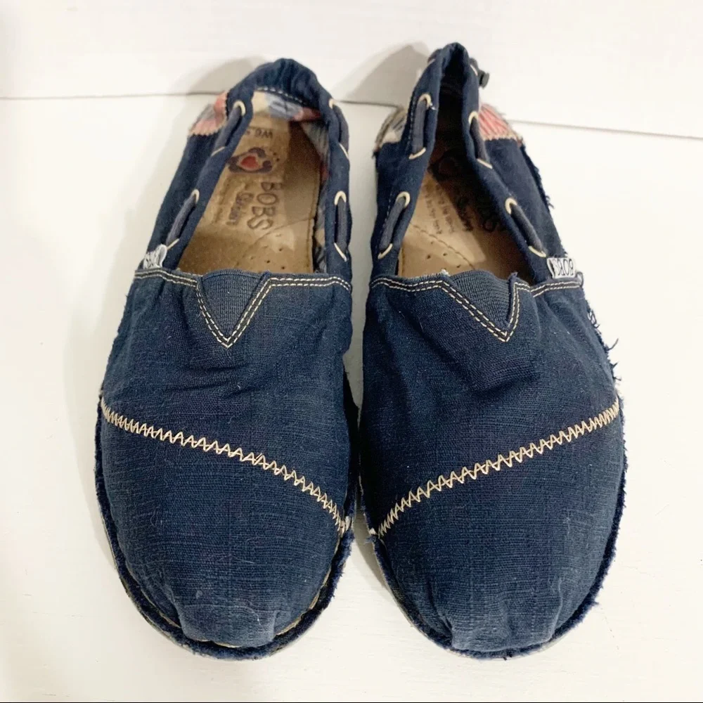 SKECHERS Bobs Canvas Slip-on Flat Raw Hem Shoes Style #: 37790-NVY Pop of Color